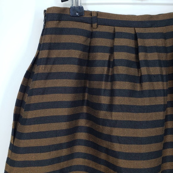 Madewell Striped Skirt 0 A Line Pleated Knee Length Linen Silk Brown Black 08334 - Picture 8 of 9